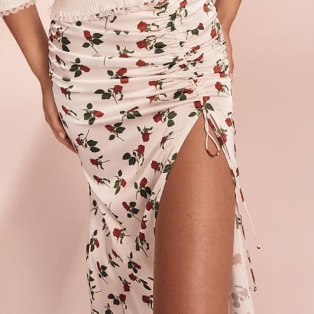 NWT FOR LOVE & LEMONS Love Song Rose Floral White/Pink Satin Midi Skirt M $225